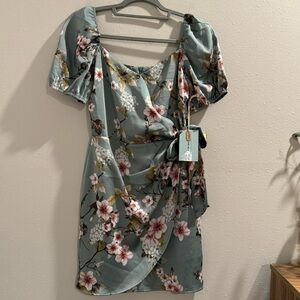 If By Sea Anthropologie Small Teal Floral Midi Dress Faux Wrap Wedding Cocktail